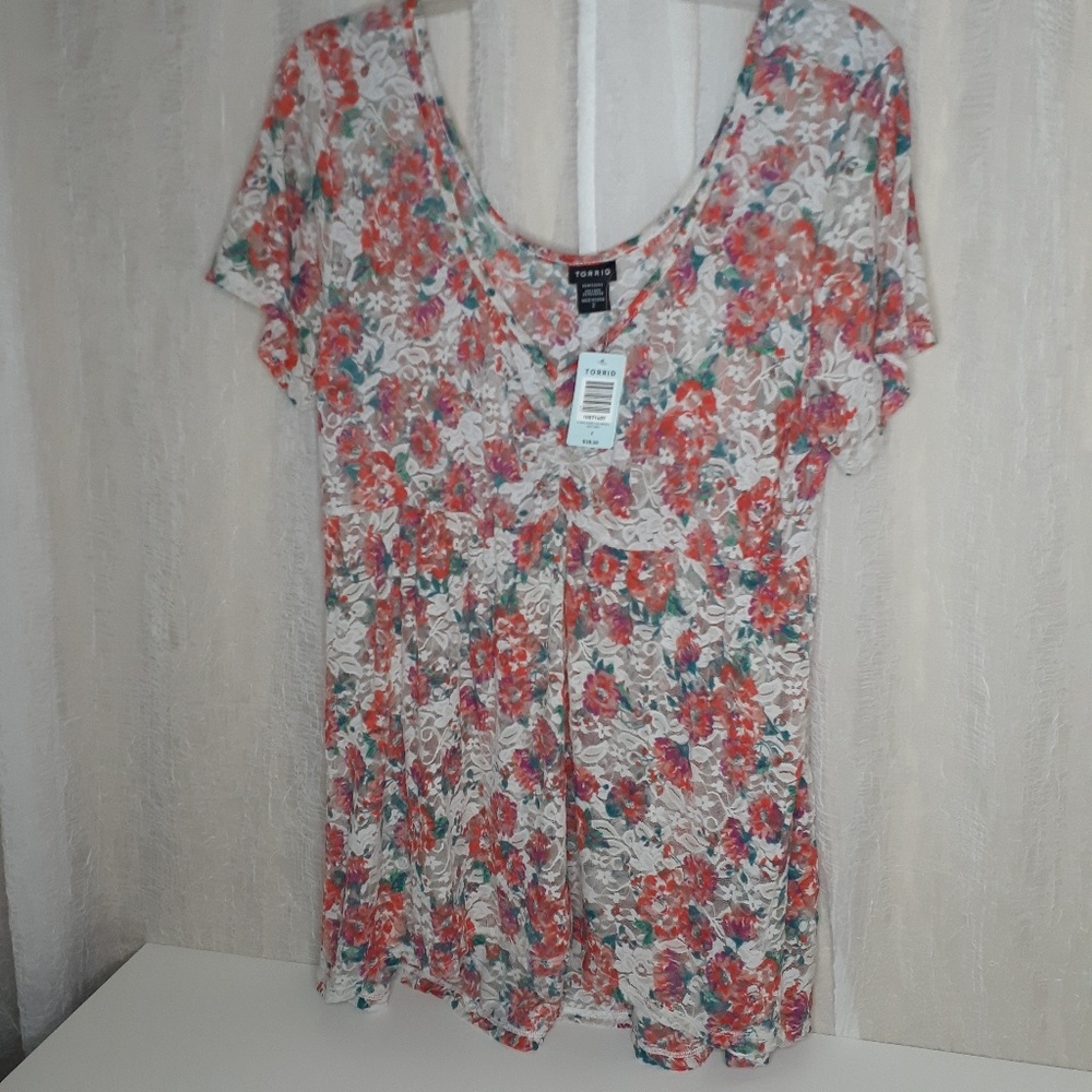 Torrid Women’s Sheer Floral V-Neck Blouse w/ Orange, Green, Cream Torrid size 2‎ - Picture 6 of 8